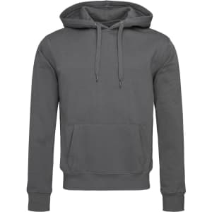 A grey men's active sweat hoody featuring a front pocket and a drawstring hood, with a logo on the front.