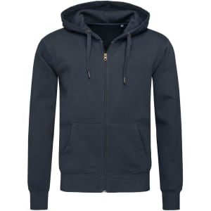 A men's active sweatjacket in dark grey with a zip front and hood, featuring a logo on the chest.