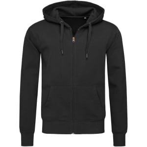 A black men's active sweatjacket with a hood, front zip, and two pockets. It features a logo on the left side.