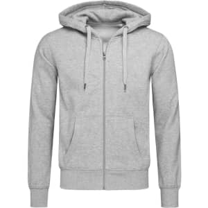 A grey zip-up hoodie features a drawstring hood and front pockets, with a logo on the chest.
