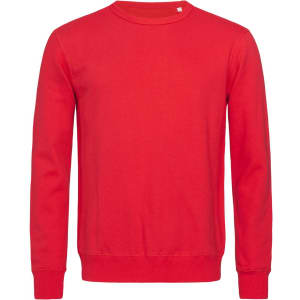 A red sweatshirt with a crew neck and long sleeves, featuring a small logo on the front.