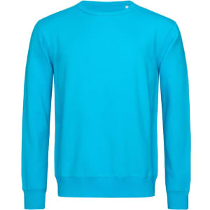 A vibrant turquoise men's active sweatshirt with a crew neck and long sleeves. It features a logo.