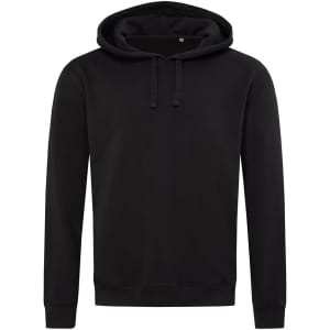 A black unisex sweat hoodie featuring a front pocket and drawstring hood. It has a simple, modern design and includes a logo.