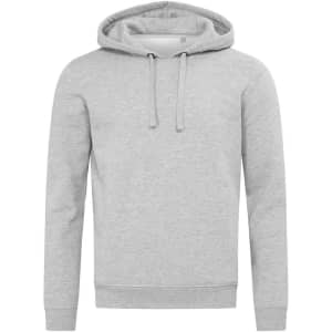 A grey unisex hoodie with a drawstring hood and ribbed cuffs, featuring a logo.