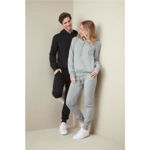 A black unisex hoodie and a grey unisex hoodie are displayed on models in a neutral setting. Each hoodie has a logo.