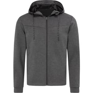 A grey men's recycled scuba jacket with a hood, featuring a zip front and drawstring detail. It has a logo.