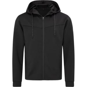 A black men's recycled scuba jacket with a hood and zip-up front, featuring a logo on the chest area.