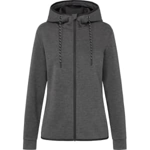 A women's recycled scuba jacket in grey with a hood and drawstring detail, featuring a front zip and a logo.