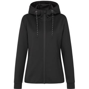A black women's recycled scuba jacket with a hood, featuring a front zipper and drawstring adjustments.