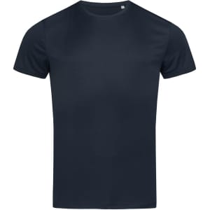 A navy blue men's active sports t-shirt featuring a round neck and short sleeves, with a logo.