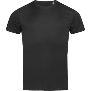 A black men's active sports T-shirt with a crew neck and short sleeves. Features a logo on the front.