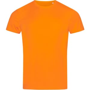 A bright orange T-shirt with a crew neckline, featuring a logo on the front. Suitable for active wear.