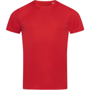 A red men's active sports T-shirt with a crew neck and short sleeves. It includes a logo.