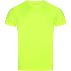 A bright yellow men's active sports T-shirt with short sleeves and a crew neck design, featuring a logo.