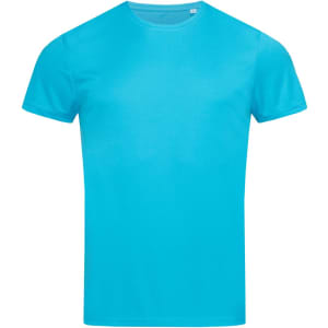 A vibrant turquoise men's active t-shirt featuring a classic crew neck design and short sleeves. It has a logo.