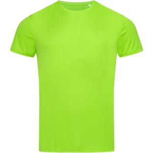 A bright green men's active sports T-shirt with short sleeves and a simple design. It features a logo on the garment.