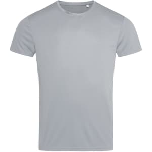 A light grey men's active sports T-shirt with a round neckline and short sleeves, featuring a small brand logo.