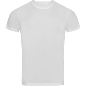 A white men's active sports T-shirt with short sleeves and a simple design. It features a branding logo.