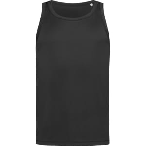 A black men's active sports top without sleeves, featuring a simple design and a logo on the upper side.