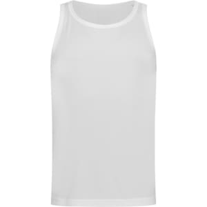 A white men's active sports top with a sleeveless design, featuring a logo.