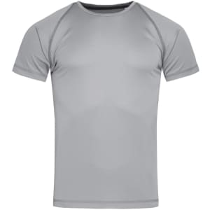 A short-sleeved, light grey active T-shirt with raglan sleeves and a logo.