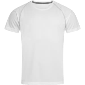 A white men's active team raglan t-shirt with short sleeves and a grey trim. Features a logo.