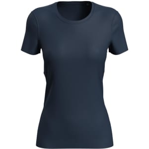 A navy blue women's active sports T-shirt with a fitted design and short sleeves. It features a logo.