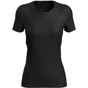 A black women's active sports T-shirt with a round neck and short sleeves. It features a logo on the design.