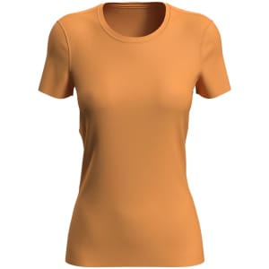 An orange women's active sports T-shirt with a round neck and short sleeves. It features a logo.