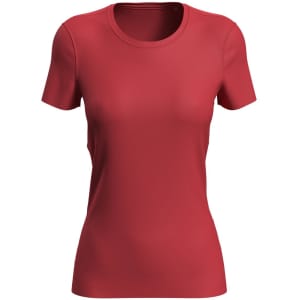 A women's active sports T-shirt in red with short sleeves and a round neckline. The shirt has a logo.