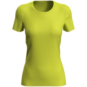 A short-sleeved women's active T-shirt in vibrant lime green, featuring a fitted design and a small logo.