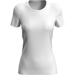 A white women's active sports T-shirt with short sleeves and a round neckline. It features a logo.