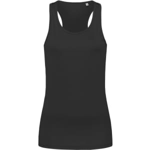 A black women's active sports top with a racerback design and a brand logo. Suitable for various sporting activities.