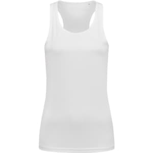 A women's active sports top in white, featuring a sleeveless design and a logo on the side.