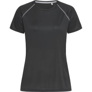 A black women's active t-shirt featuring short sleeves and a round neck, with a logo present on the design.