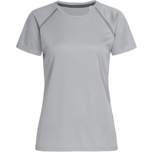 A light grey women's active t-shirt with raglan sleeves and seam detailing, featuring a logo.