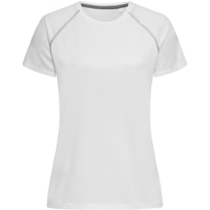 A white Women's Active Team Raglan t-shirt featuring short sleeves and a logo.