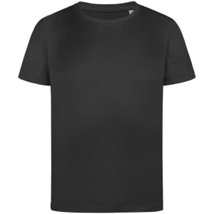 A black kids' T-shirt with a classic crew neckline and short sleeves. It features a logo on the front.