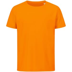 An orange T-shirt with a crew neck and short sleeves. It has a simple design and a logo on the label.