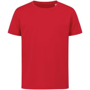 A bright red kids' T-shirt featuring a simple design and a logo on the front. Suitable for sports activities.