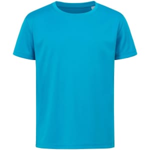 A bright turquoise t-shirt featuring a simple design and a logo on the front.