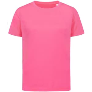 A bright pink T-shirt with short sleeves and a round neckline. The shirt features a logo.