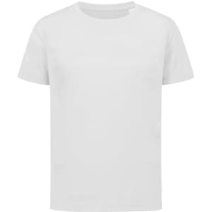 A plain white T-shirt with short sleeves, featuring a logo on the front. Suitable for kids' sportswear.
