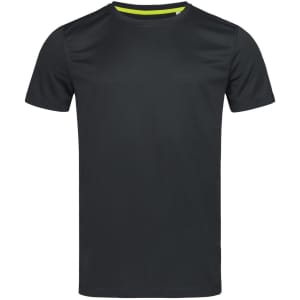 A dark green crew neck t-shirt with short sleeves, featuring a contrasting interior neckline and a logo.