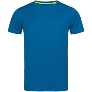 A blue crew neck t-shirt with short sleeves, featuring a branded label. Suitable for active wear.