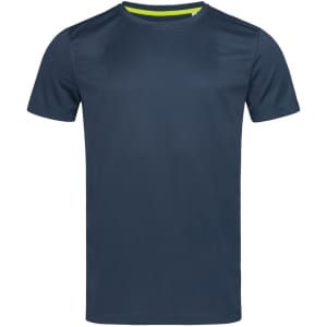 A navy blue crew neck t-shirt with short sleeves, featuring a contrasting inner neckline and a logo.