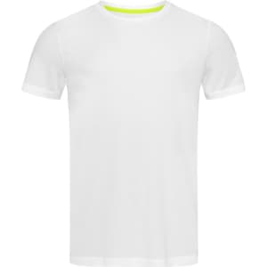 A white crew neck t-shirt with short sleeves, featuring a bright yellow accent inside the neckline and a logo.