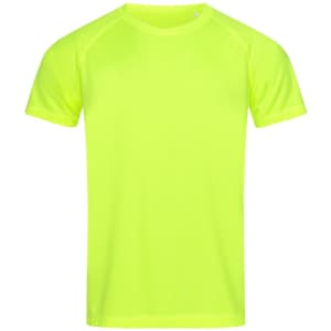 A bright yellow men's active T-shirt with short sleeves and a raglan design. It features a logo on the garment.