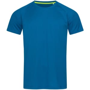 A blue men's active t-shirt with short raglan sleeves and a contrasting neckline, featuring a logo.
