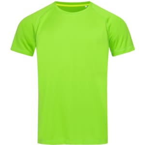 A vibrant lime green men's active T-shirt with a raglan design and short sleeves, featuring a logo.